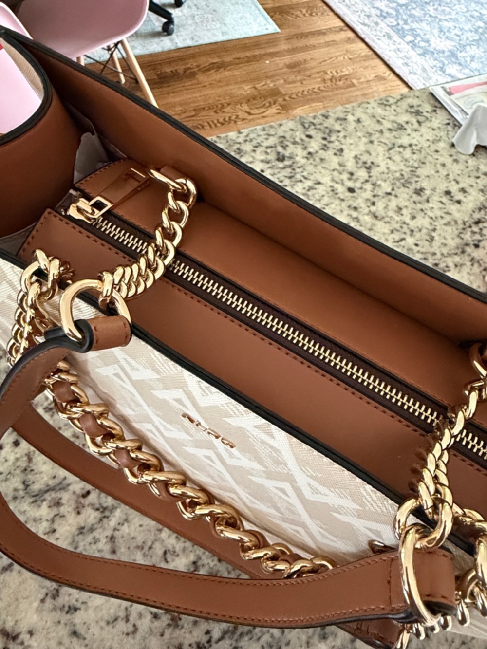 ALDO Beige & Brown Monogram Tote with Gold Chain Handles never worn - Picture 2 of 14